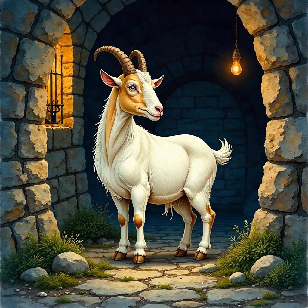 Watercolor Goat in a Damp Dungeon