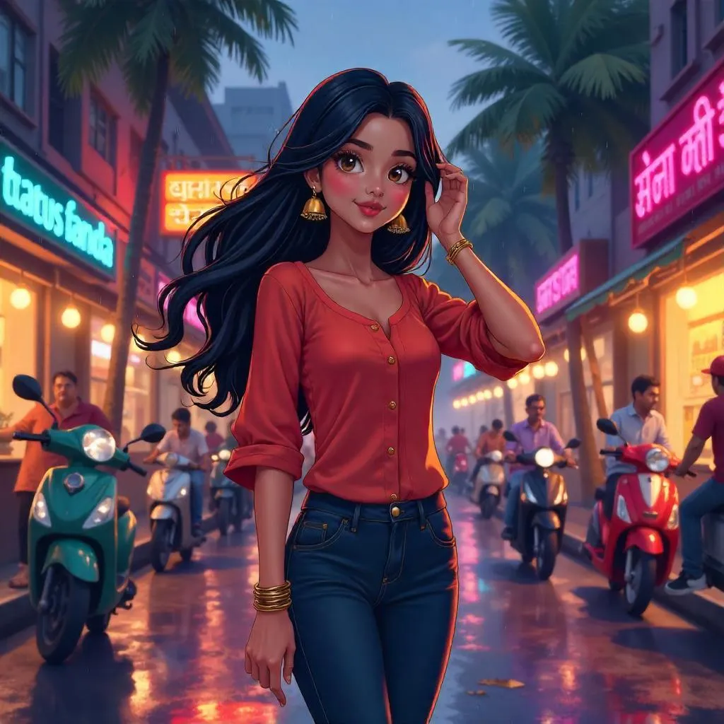 Neon City Street: Anime Indian Woman