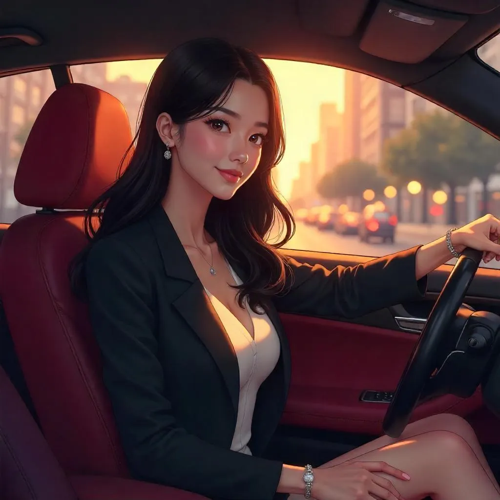 Elegant Asian Woman in a Luxury Car, Anime Style