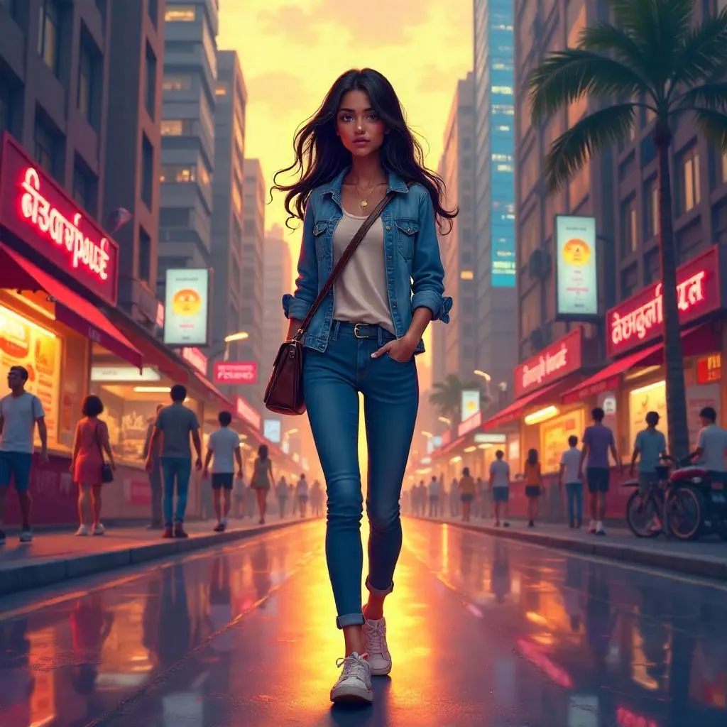 Neon Downtown Stroll: Anime-Style Indian Woman Exploring the City
