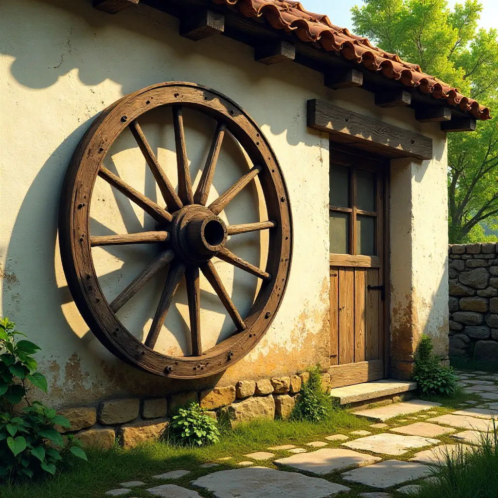 Quaint Cottage Wall with Wagon Wheel