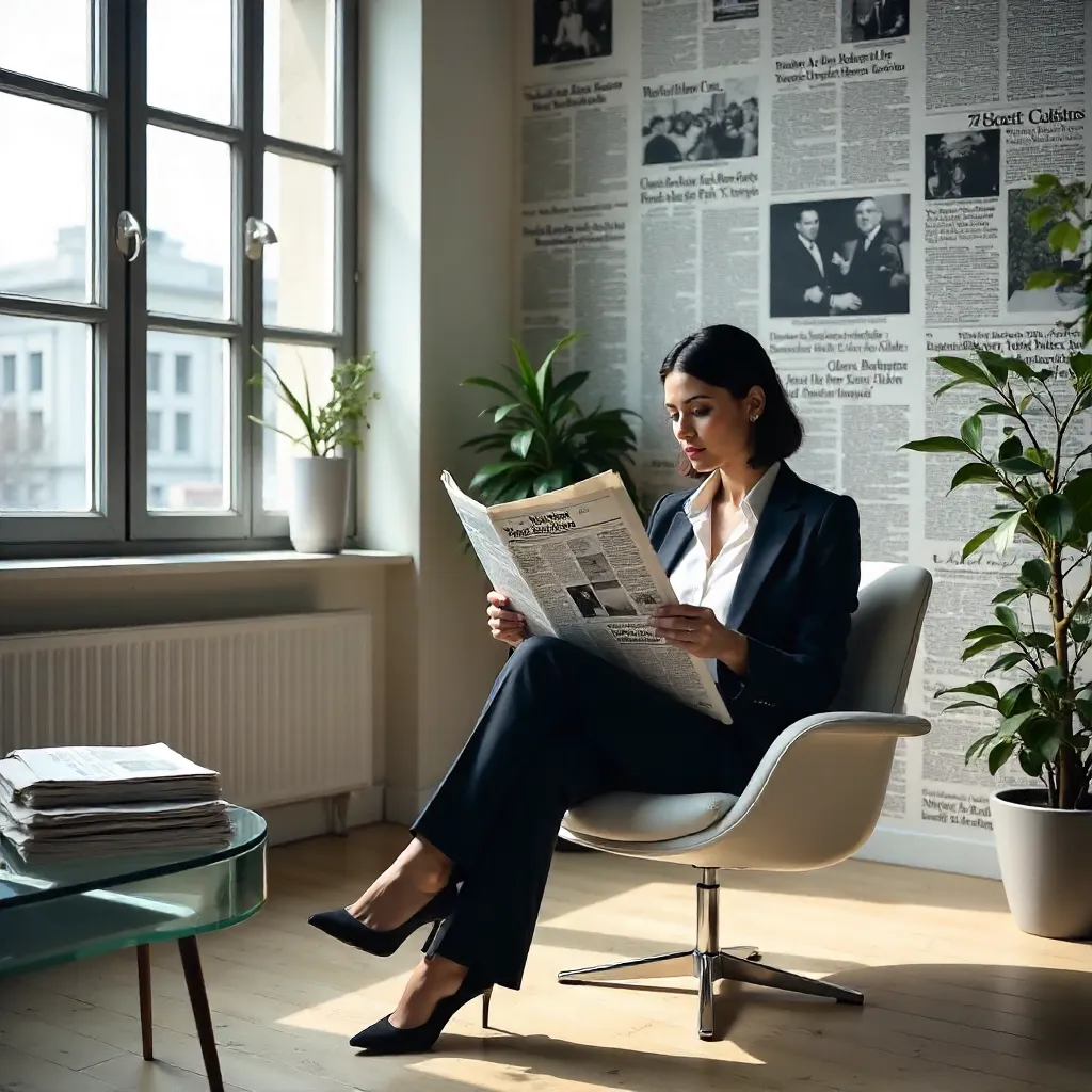 Newspaper Chic: Woman Reading in Adorned Room