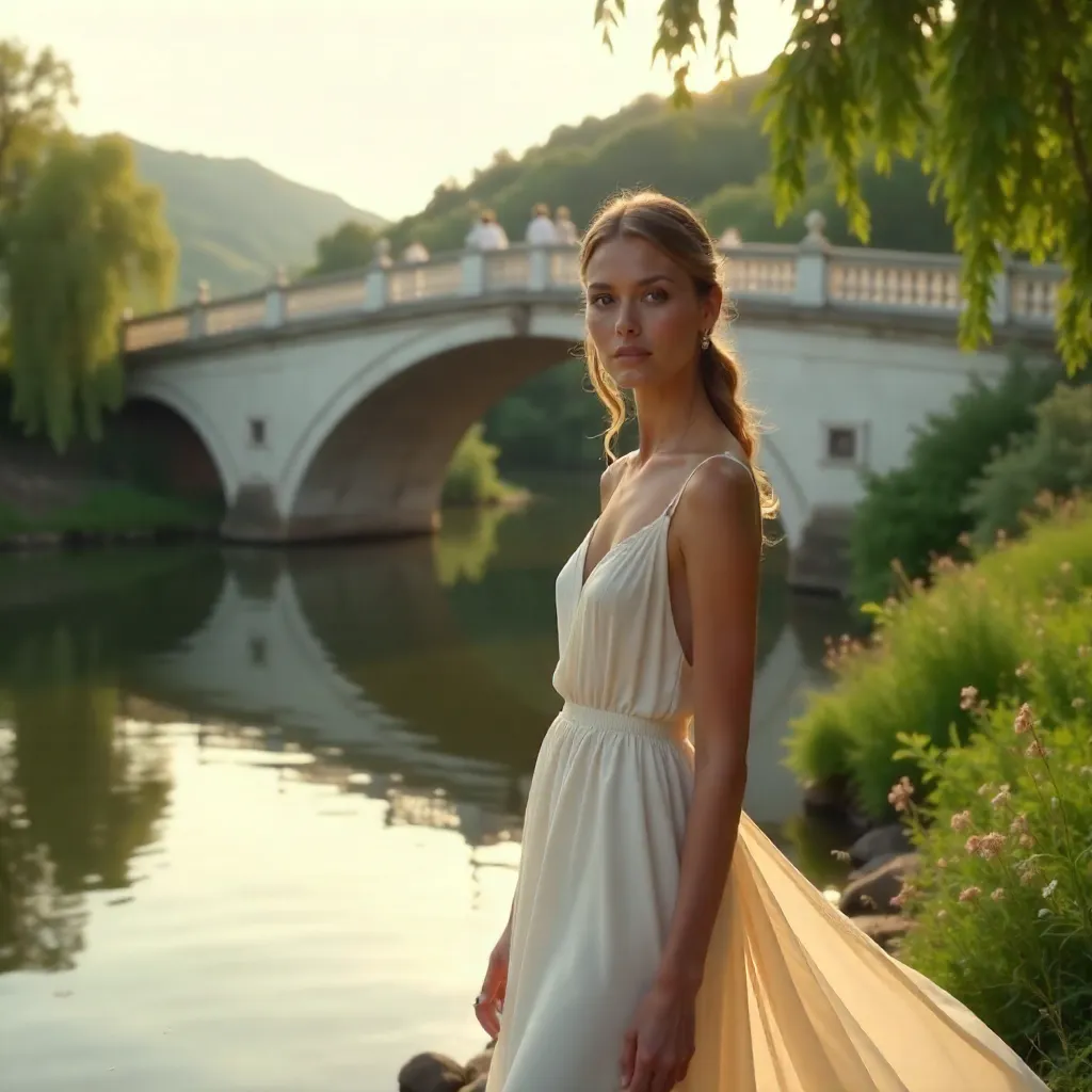 Elegant Woman by a White Riverside Bridge