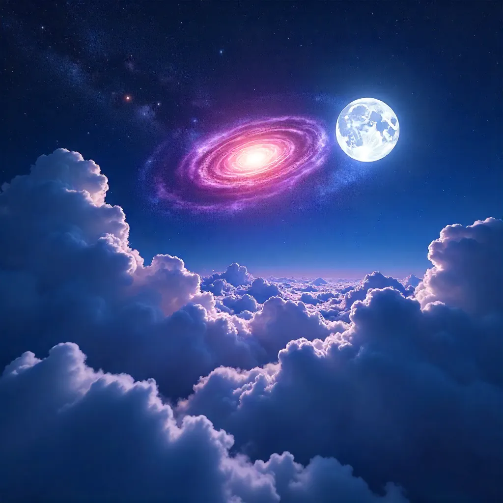 Cumulus Clouds, Galaxy, and Moon: Night Sky Photo