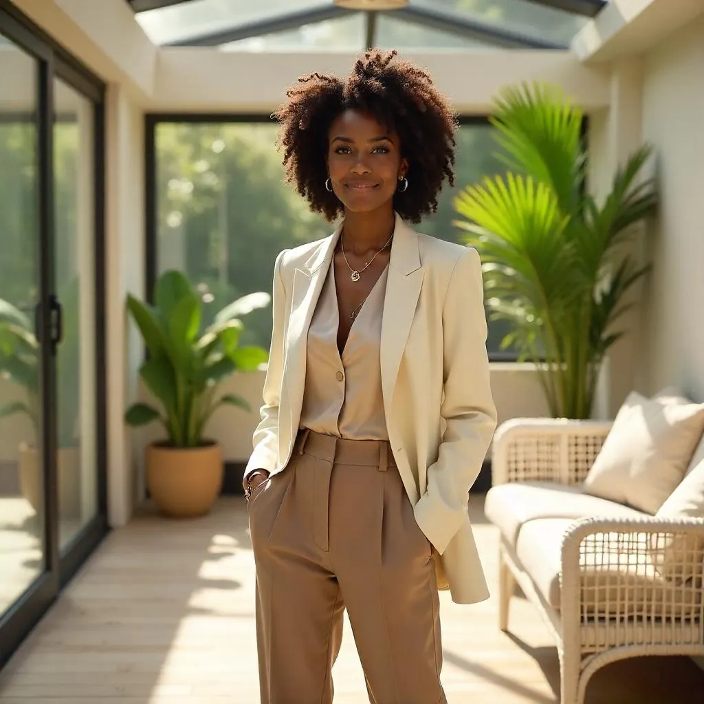 Sunlit Chic: a Stylish Black Woman in a Modern Sunroom