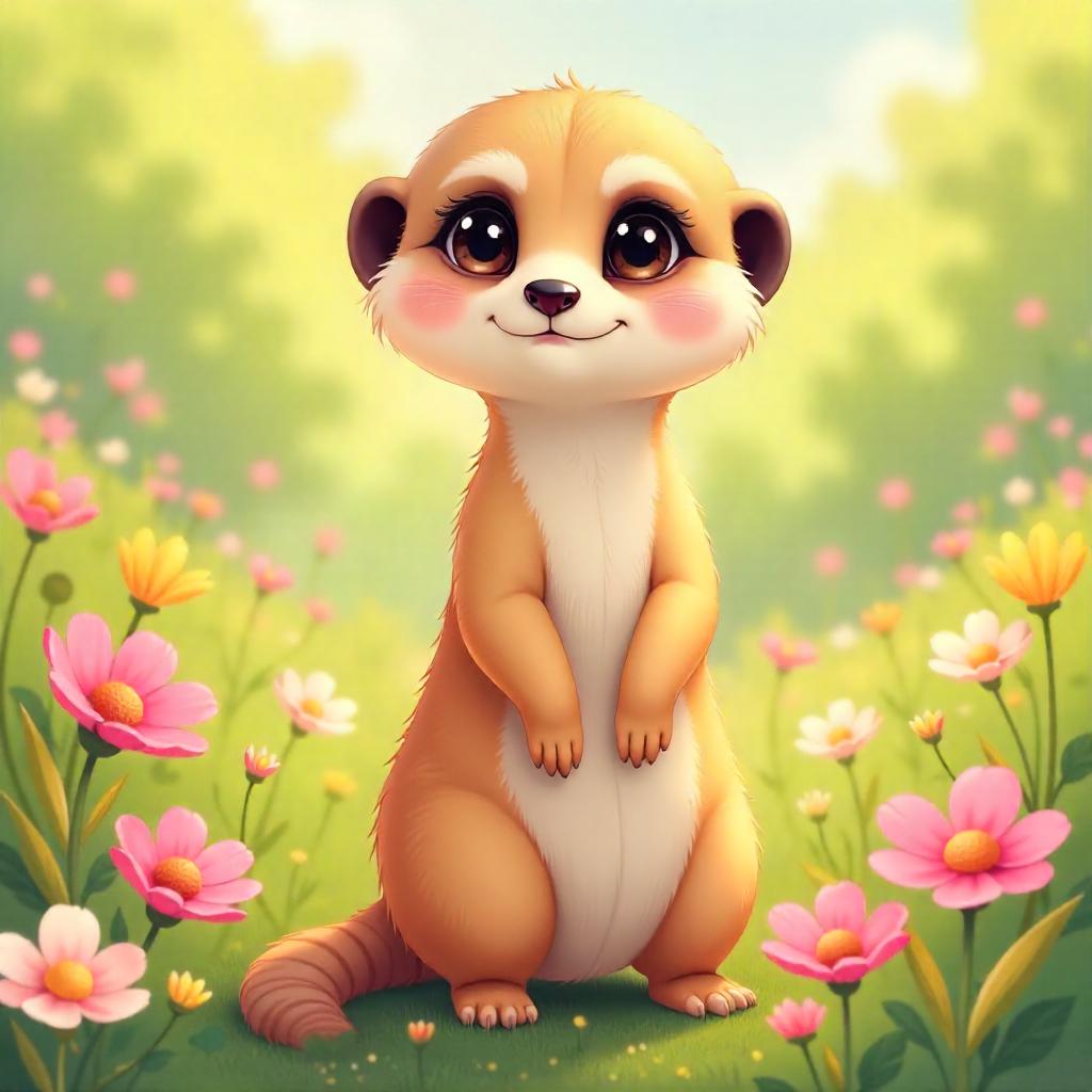 Kawaii Meerkat in a Field of Anime Flowers