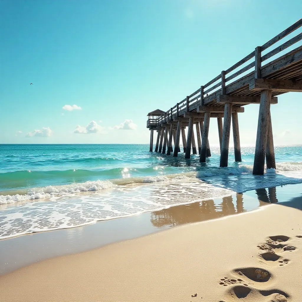 Serene Coastal Scene with Pier under Clear Sky