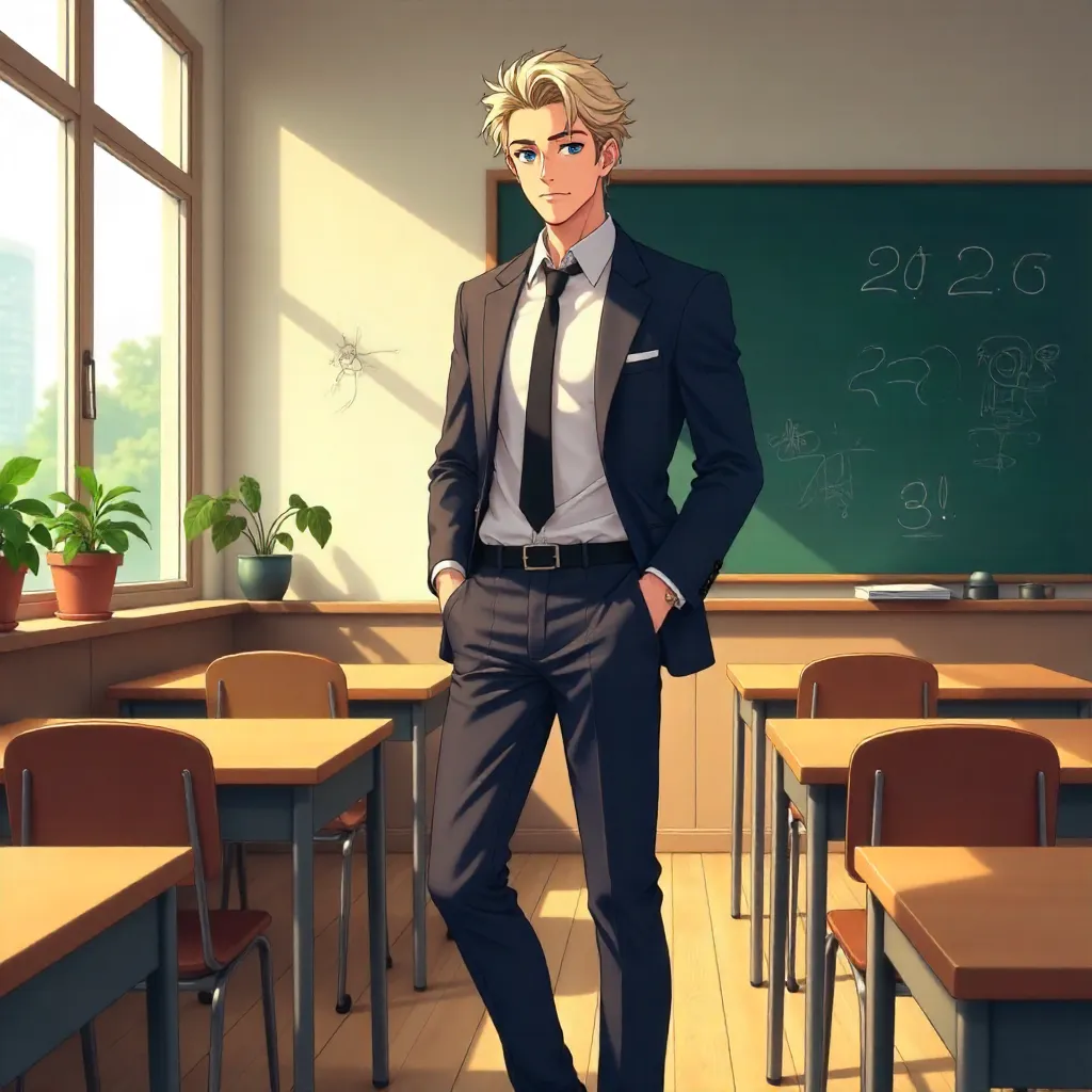 Anime Style: Stylish White Man in a Classroom