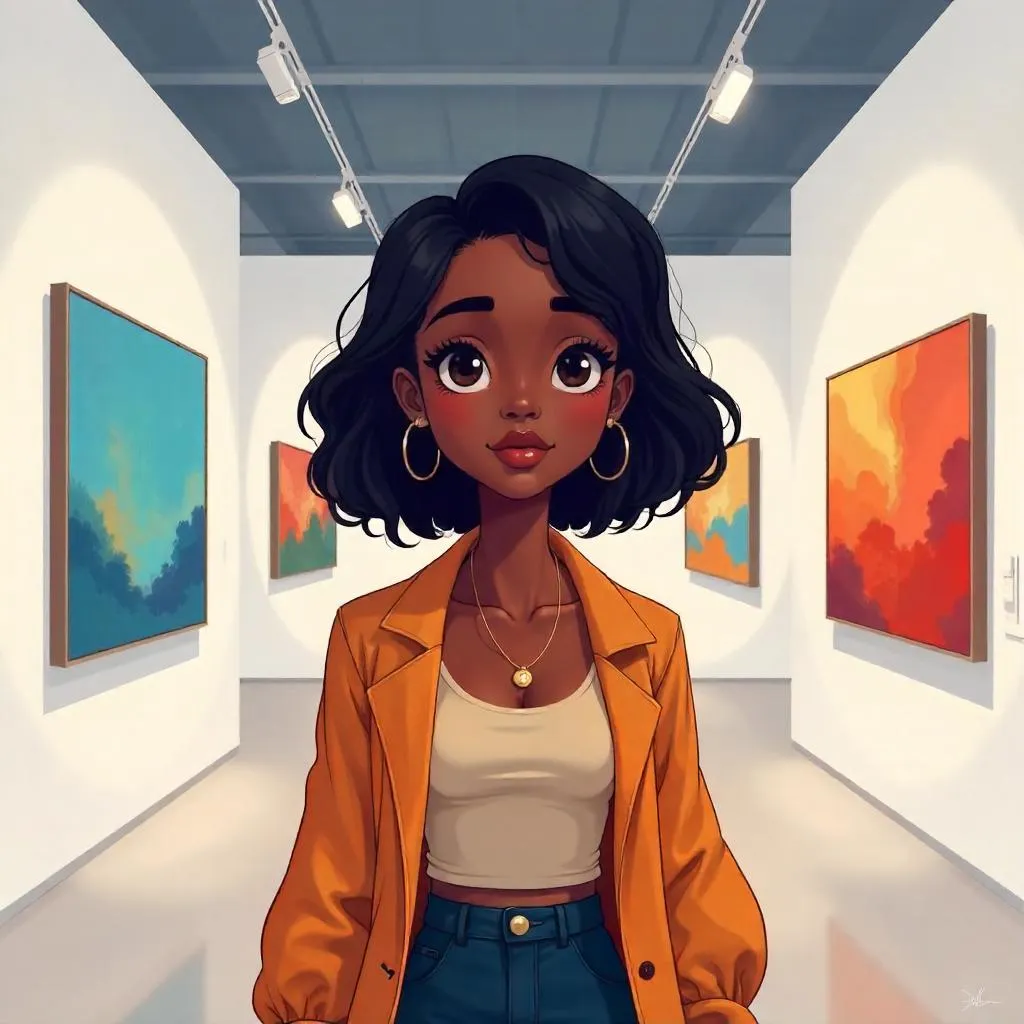 Anime-Style Young Black Woman in a Gallery