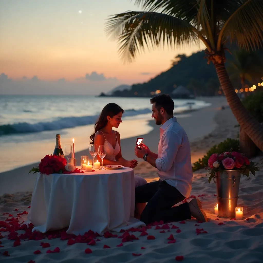 Intimate Beach Proposal Dinner with Candlelit Roses