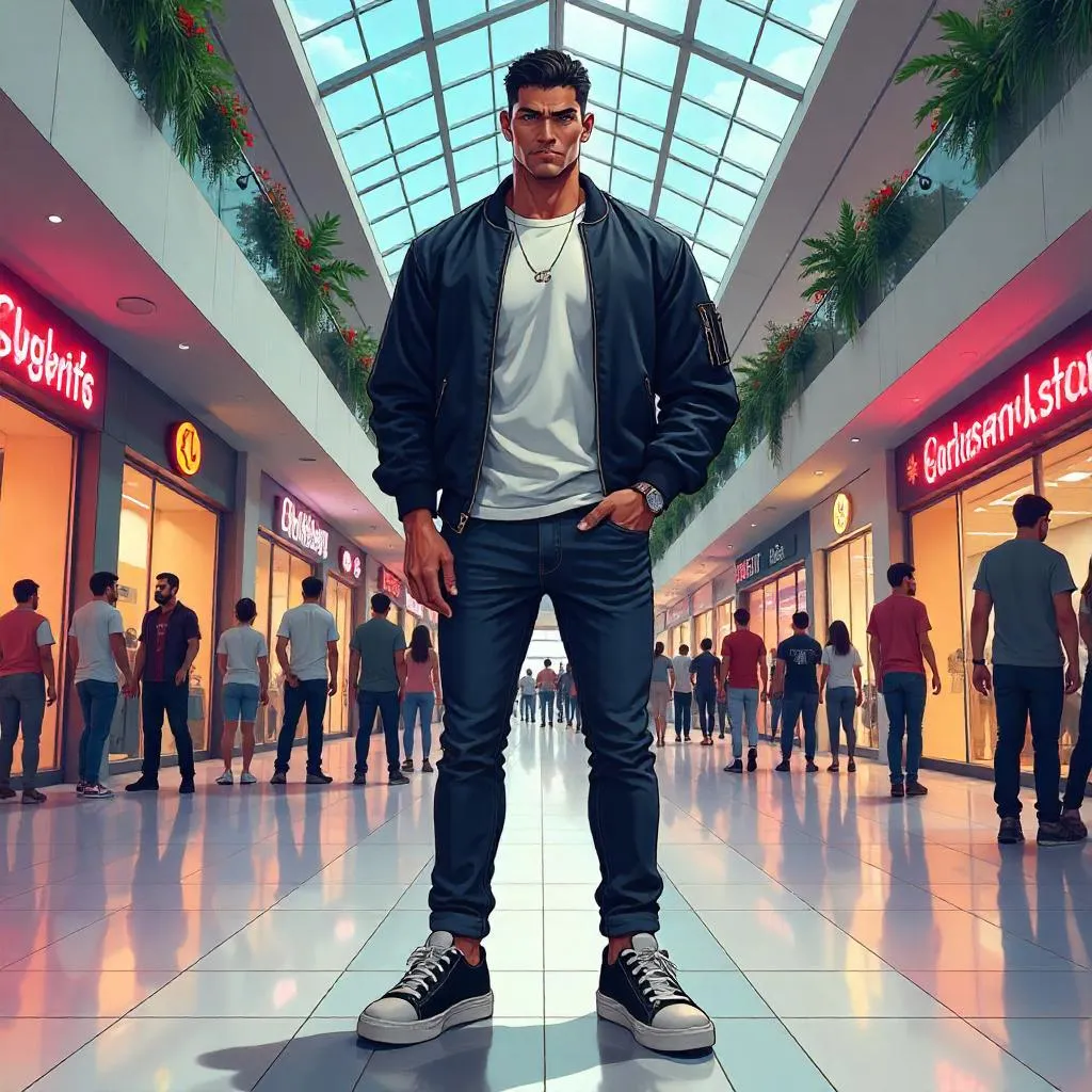 Heroic Latino Man in Anime Style in a Shopping Mall