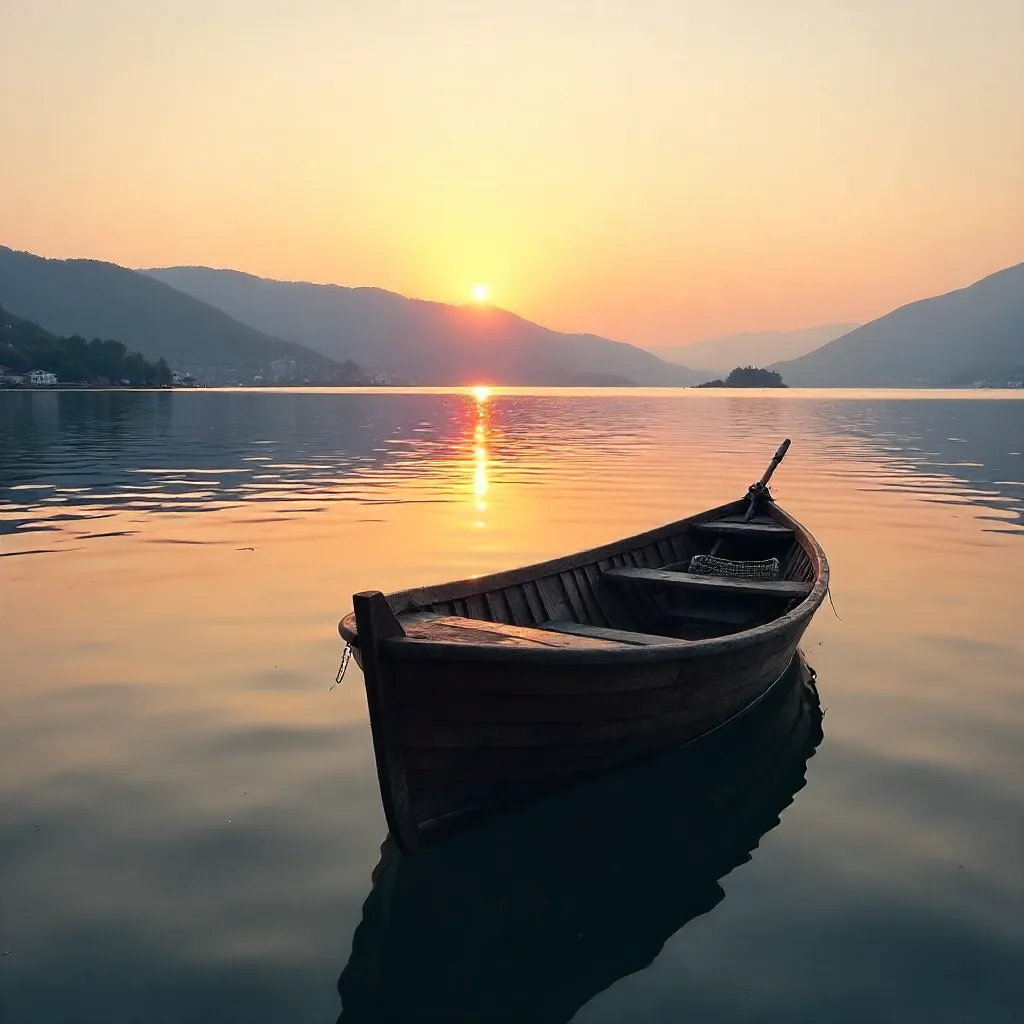 Tranquil Sunset on Lake Ohrid with a Lone Boat