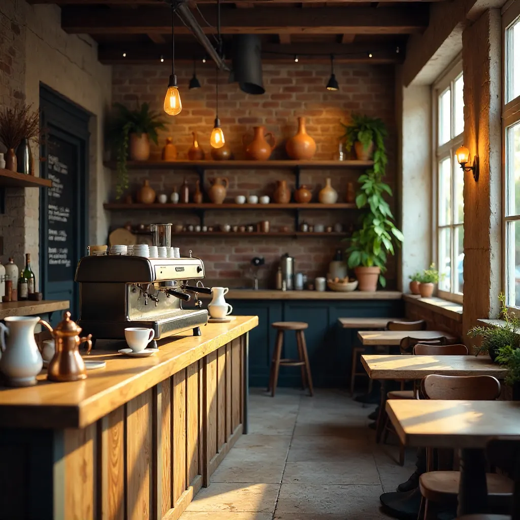 Cozy Rustic Café with Vintage Espresso and Vase Display