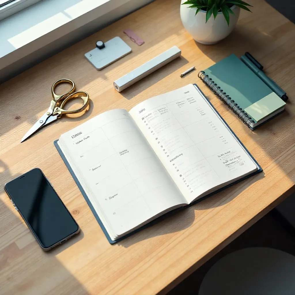 Neat Desk with Smartphone, Planner, and Stationery