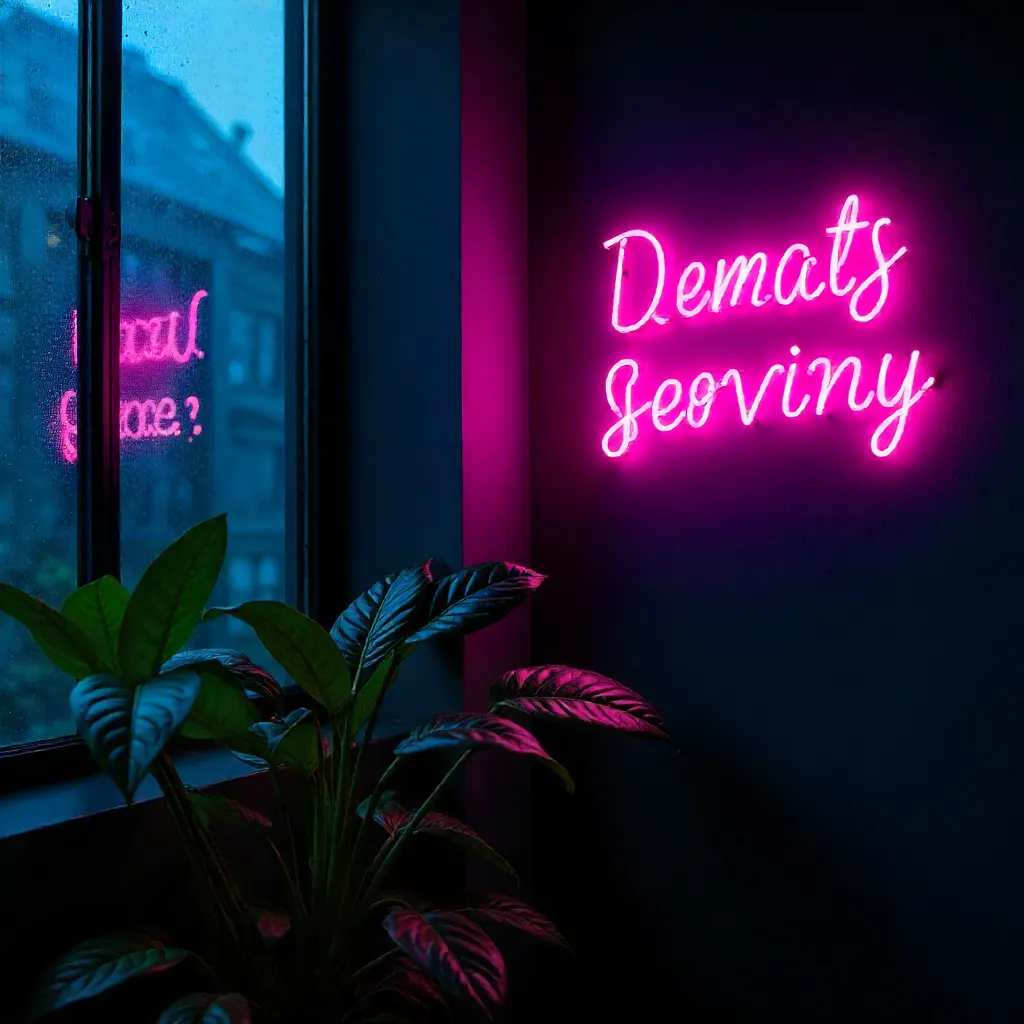 Neon Letters in a Dark Corner with Lush Plants