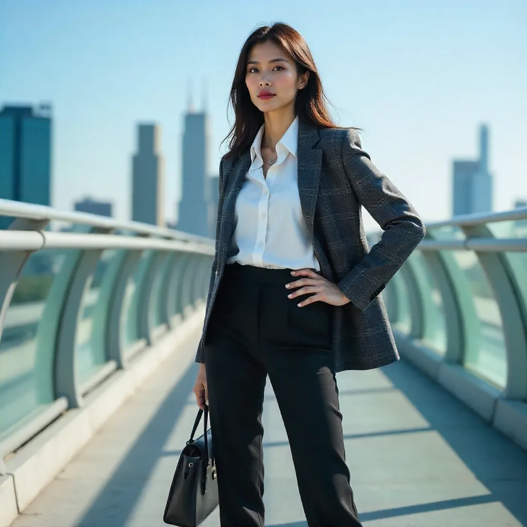 Confident Woman in Smart Attire on a Contemporary Urban Bridge