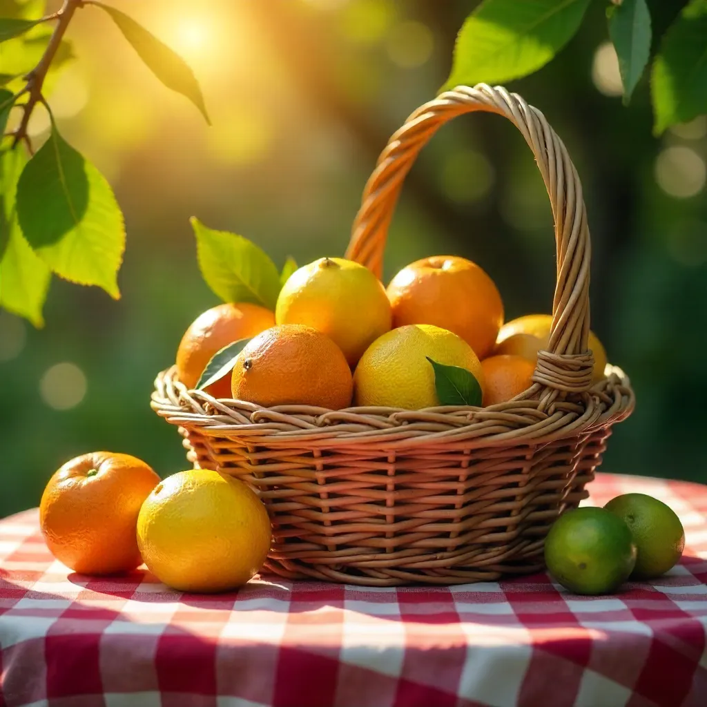 Sunlit Citrus in a Wicker Basket on Checkered Cloth