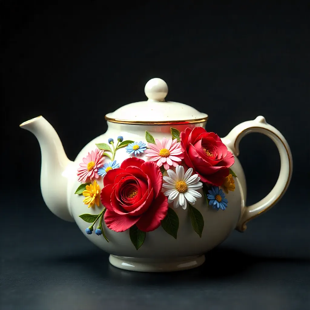 Vibrant Floral Ceramic Teapot in a Dark Studio