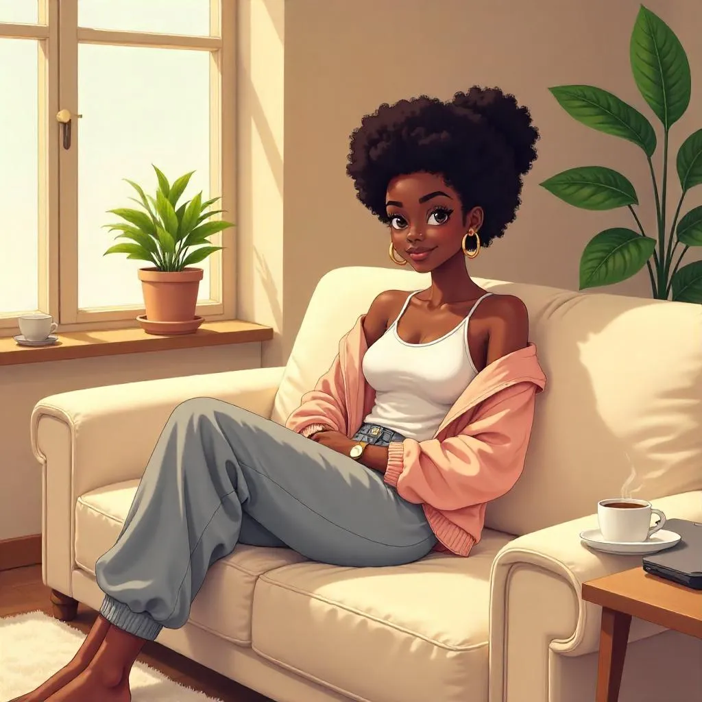 Stylish Black Girl in a Cozy Anime Home Scene