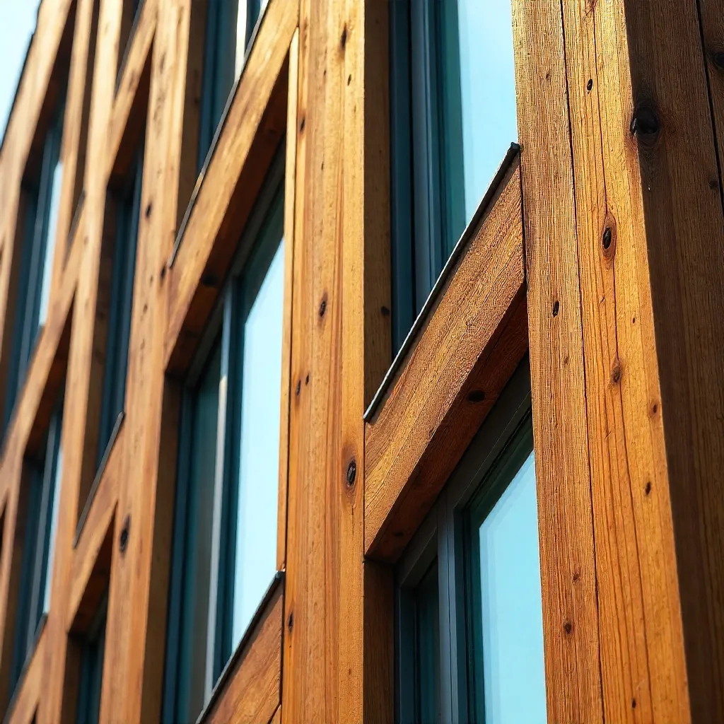 Close-Up of a Modern Wooden Facade with Blue Windows
