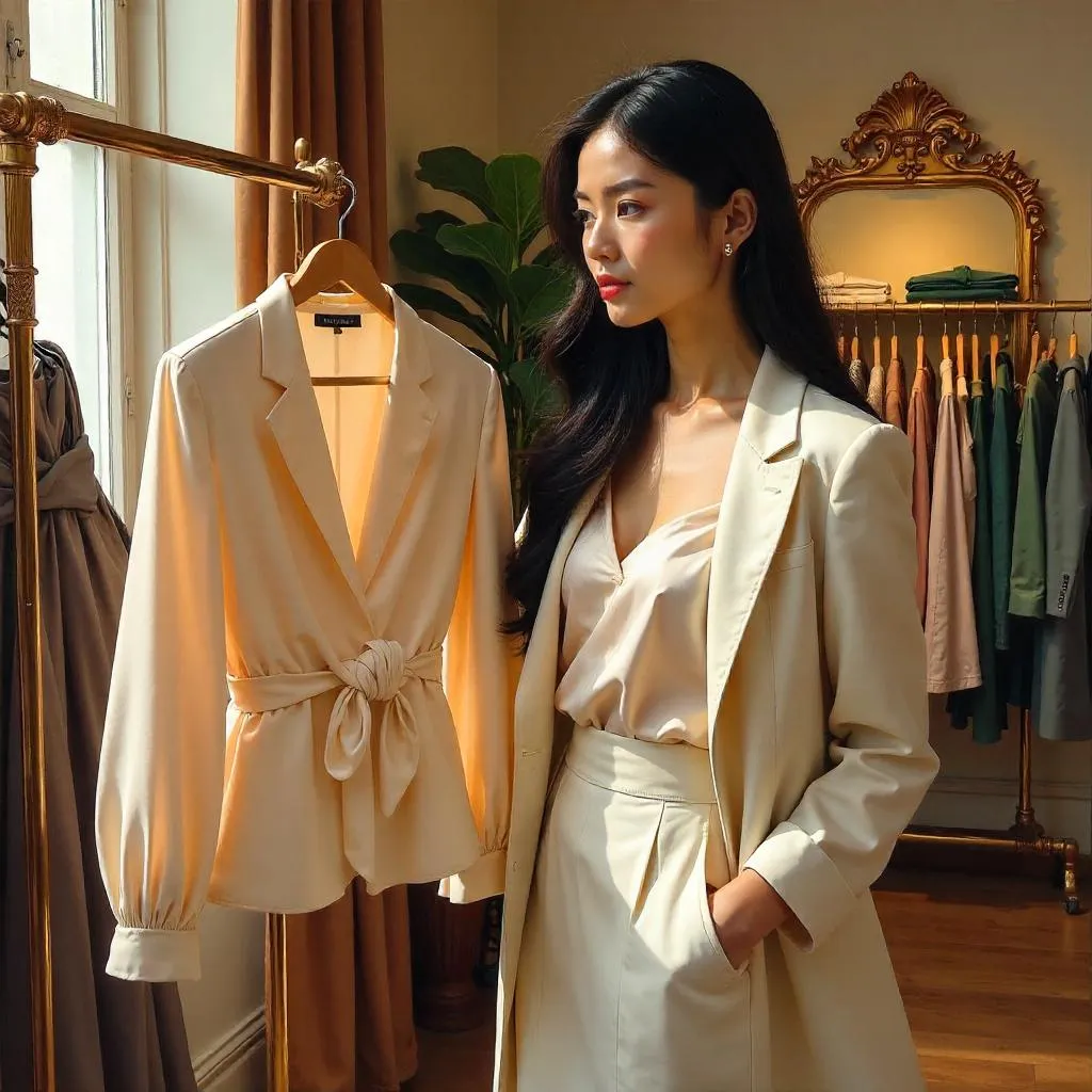 Oil Portrait of a Stylish Asian Woman in a Boutique