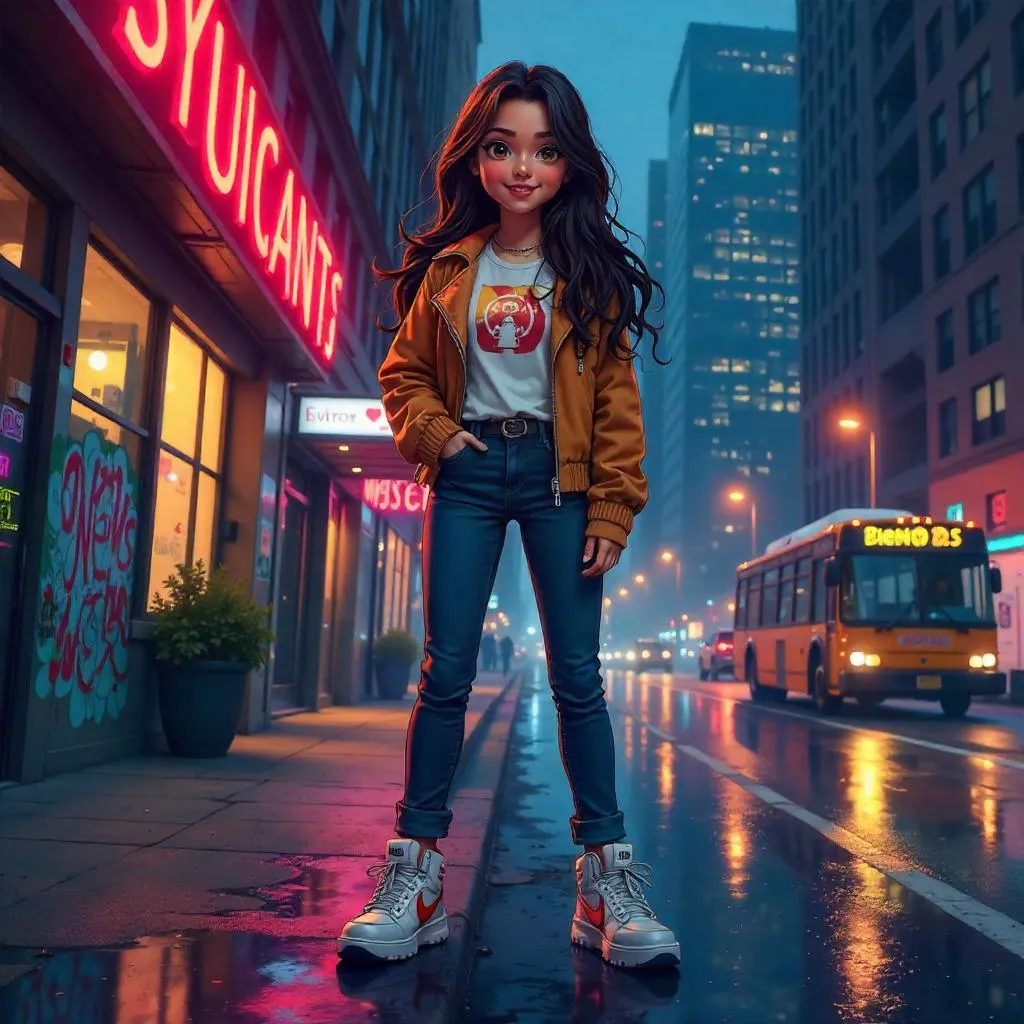 Latina Beauty in Neon Anime City Night