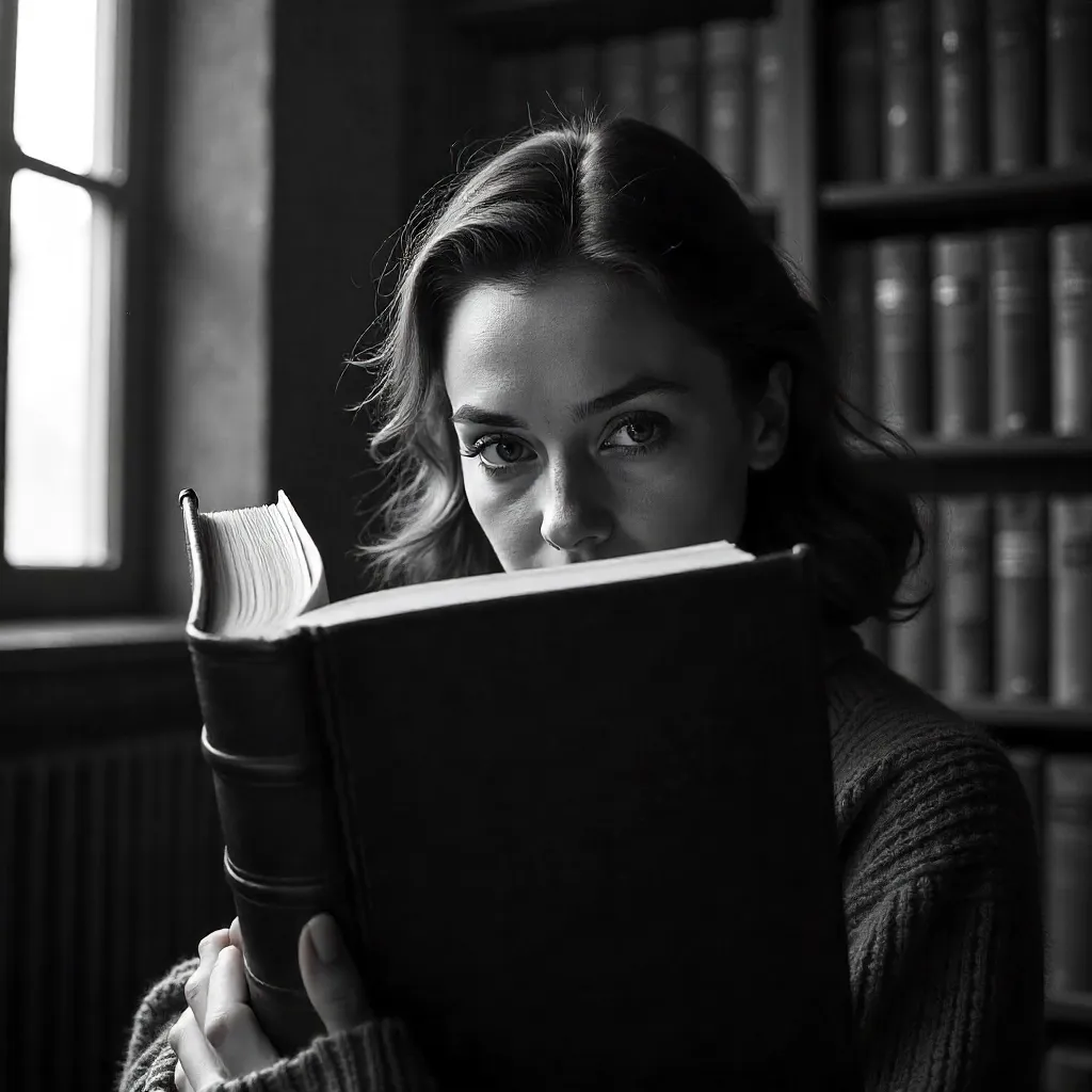 Noir Library Portrait: Woman Hiding Behind a Book