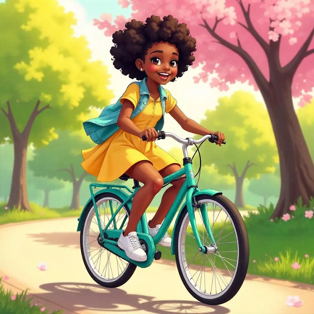 Cheerful Black Girl on a Bicycle, Anime Style