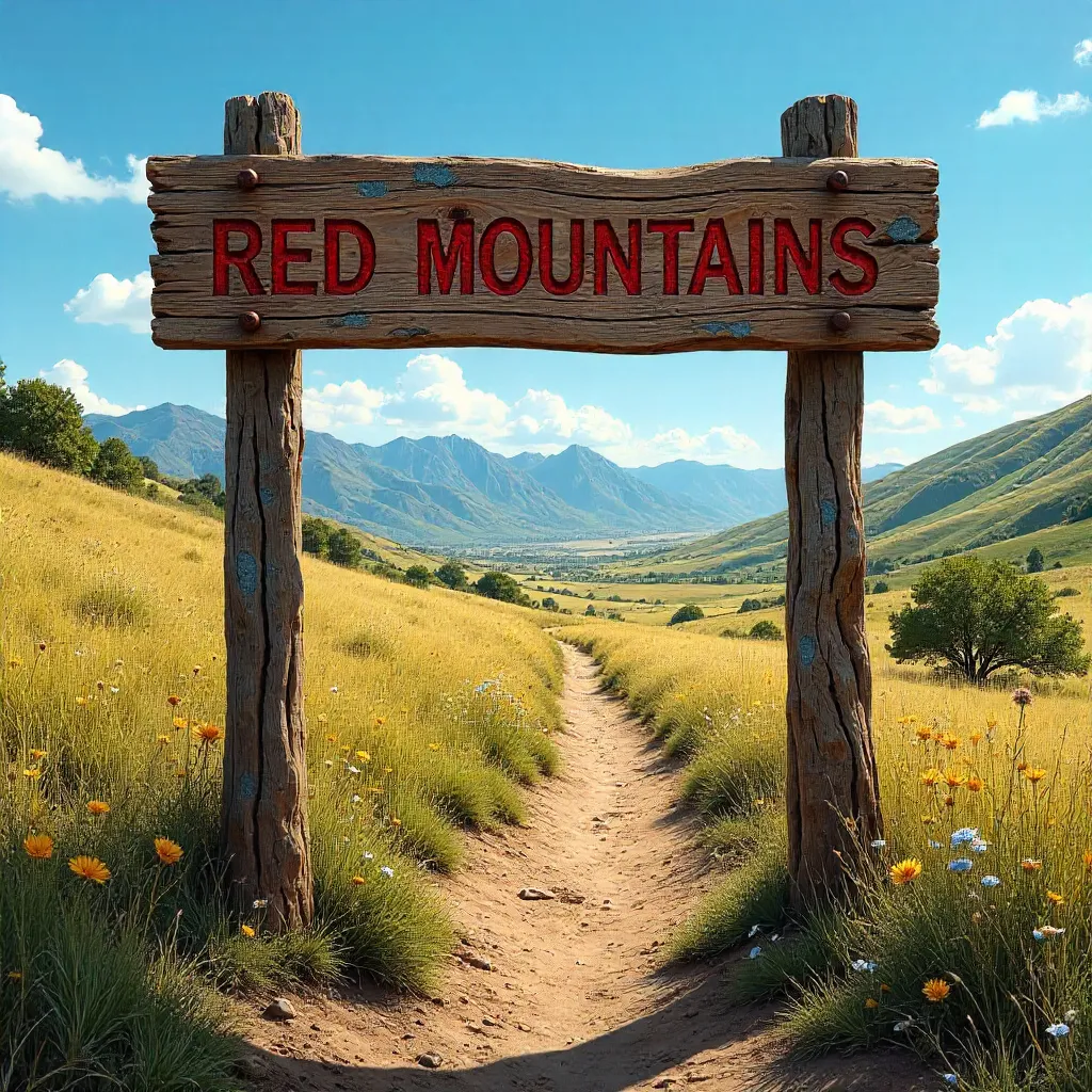 Signpost at Red Mountains Over Green Hills