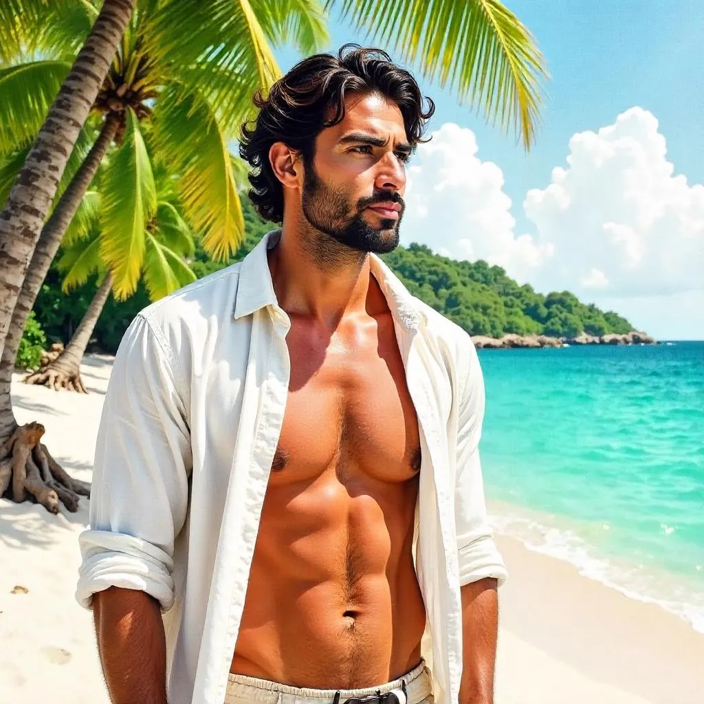 Tropical Watercolor Portrait of a Handsome Middle Eastern Man