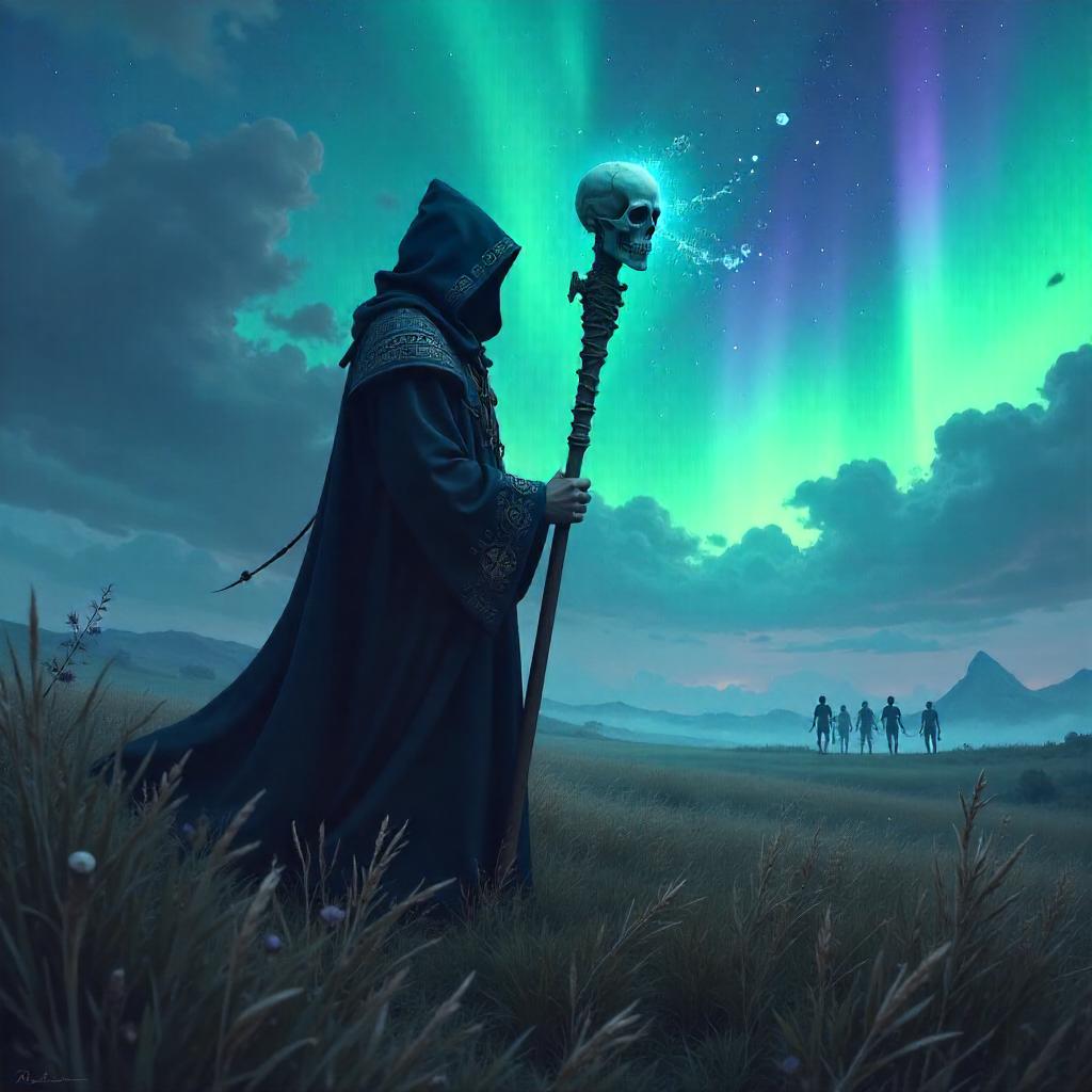 Necromancer in Aurora Fields - Digital Fantasy Art