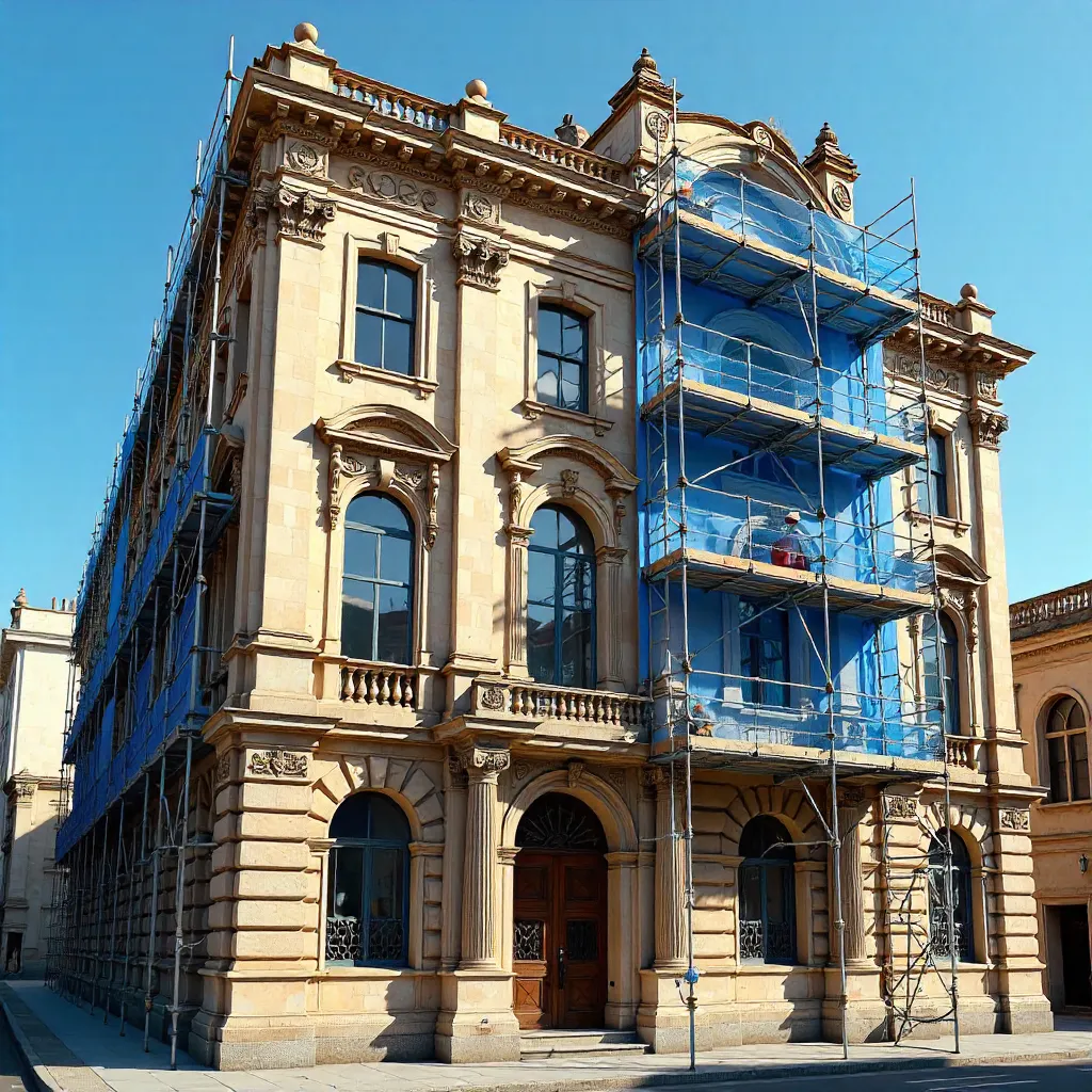 Elegant Historic Facade Under Renovation with Scaffolding