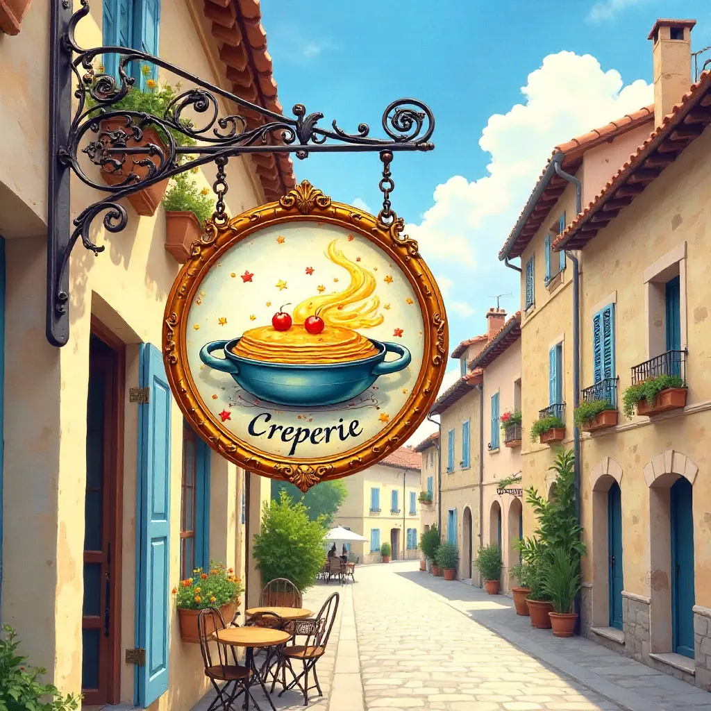 Whimsical Creperie Sign in Sunlit France