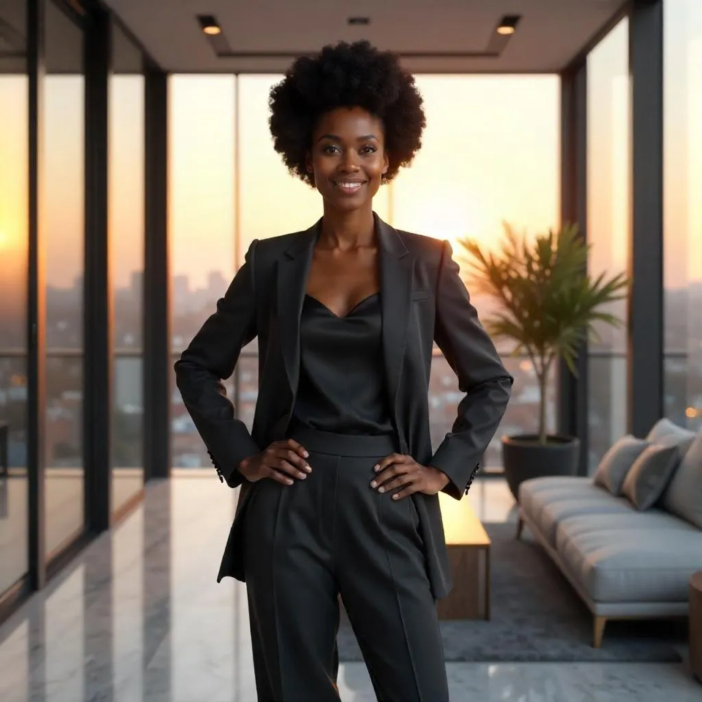Confident Black Woman in a Sleek Penthouse – 3D Render