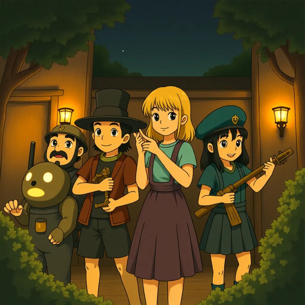 Woody Harrelson, Brian Cox, Martin Klebba, Chris Pratt, Anthony Mackie, Jenny Slate, and Millie Bobby Brown in The Electric State (2025) - Ghibli style