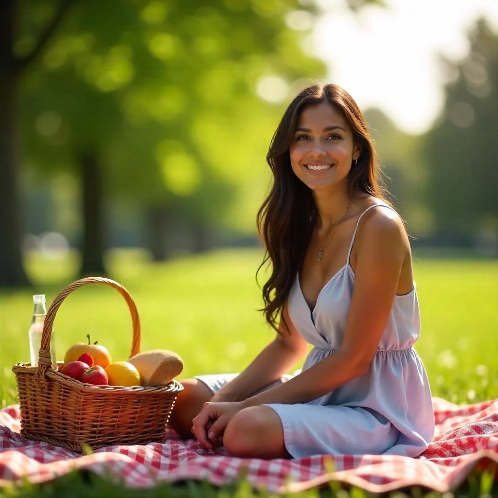Photorealistic Latina Woman Enjoying a Sunny Picnic
