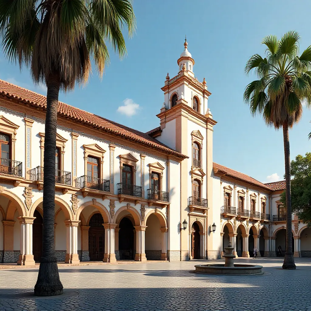 Seville's Historic Facade Under Palm Trees