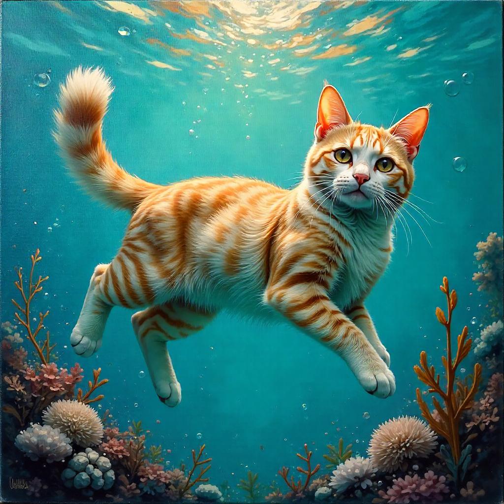 Underwater Cat in an Oil Painting Dream