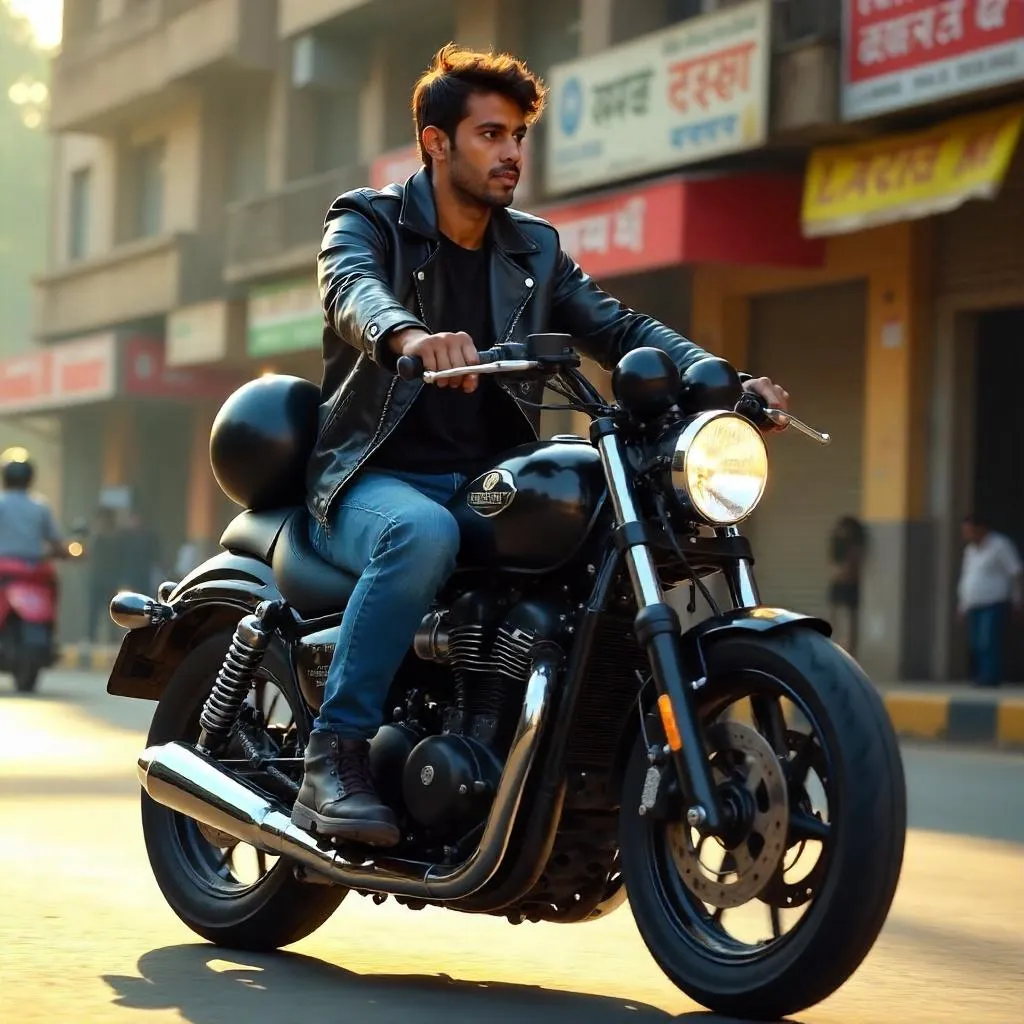 Photorealistic Young Indian Man on a Motorcycle