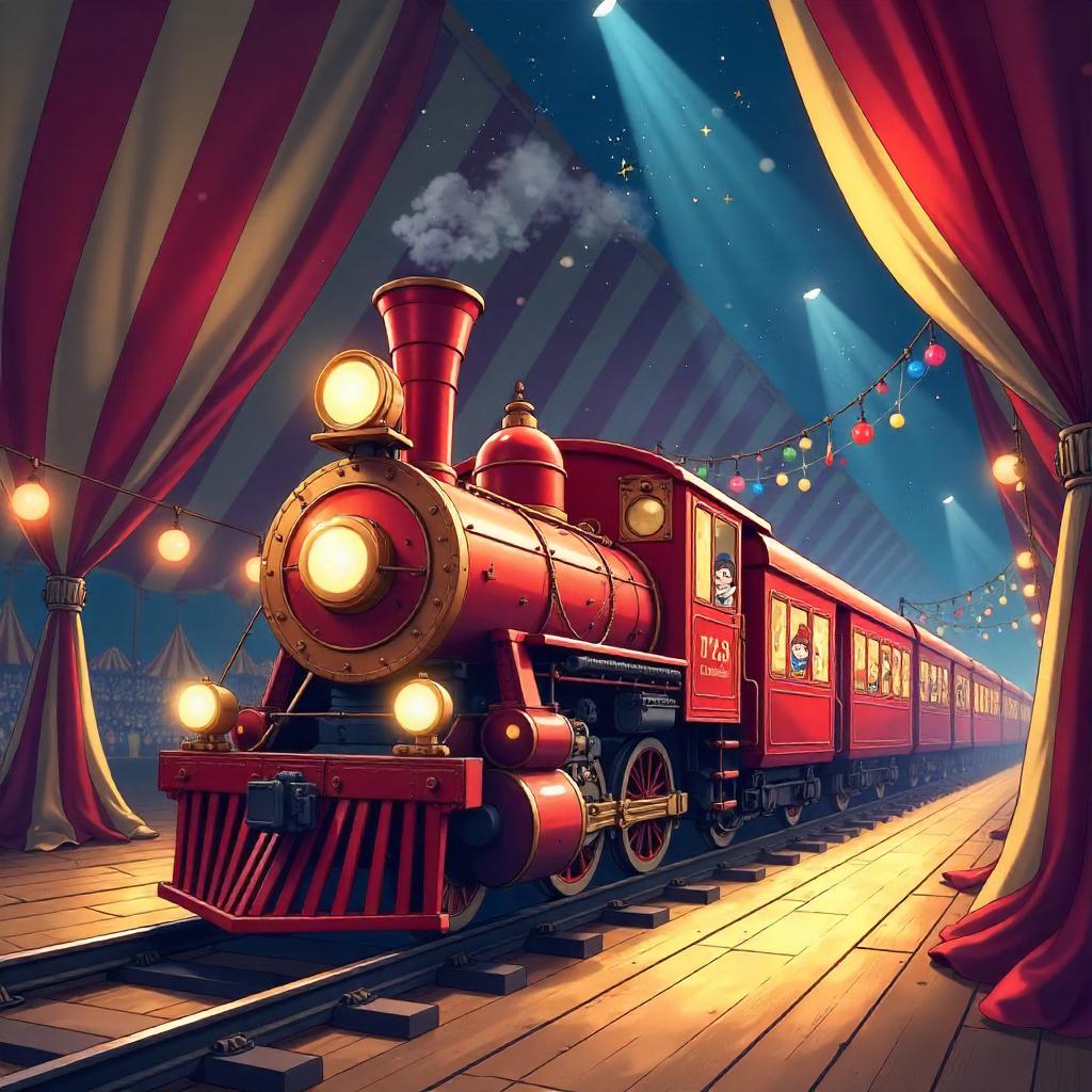 Crimson Locomotive Entering the Circus Tent