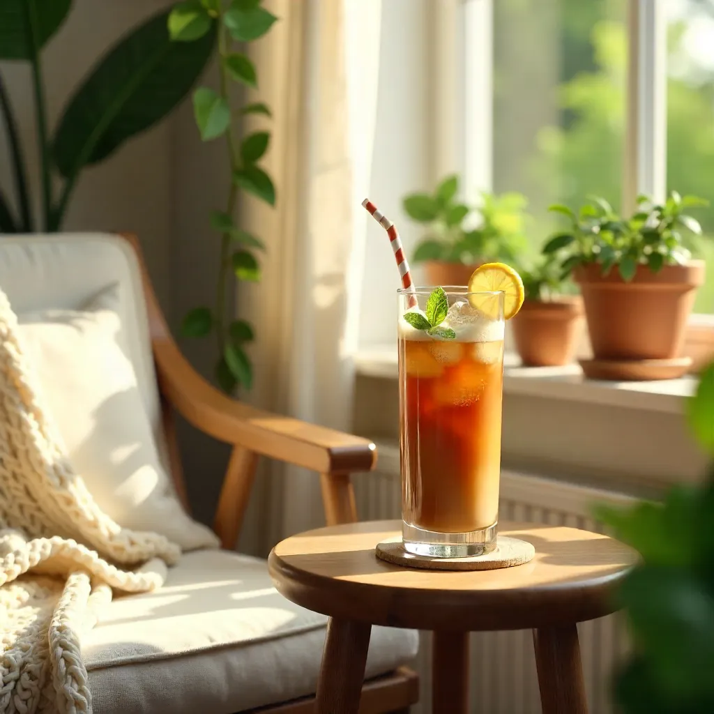 Indoor Relaxation with Iced Coffee and Lush Greenery