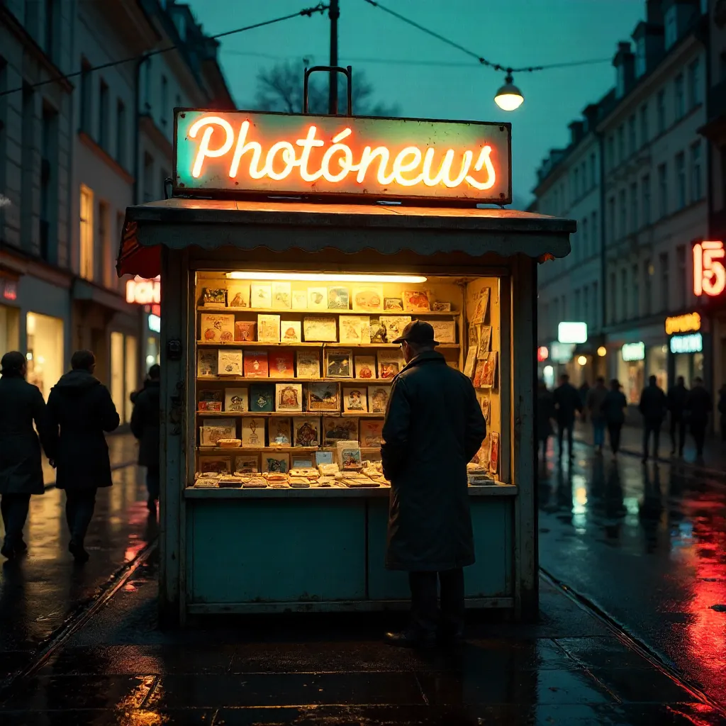Vintage Photonews Kiosk Glowing at Night