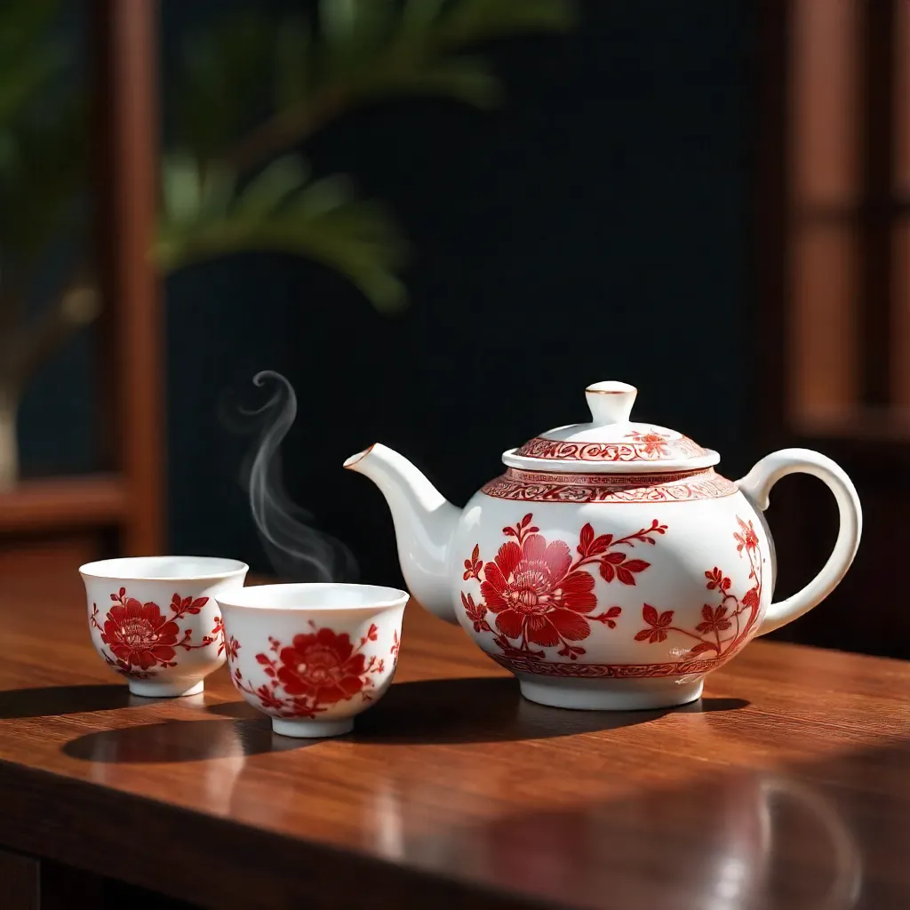 Elegant Red and White Chinese Teapot Set on Dark Wood Table