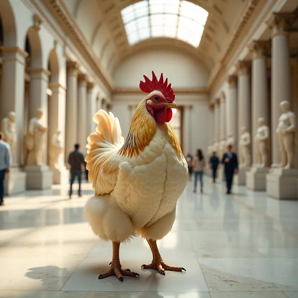Photorealistic Chicken in a Grand Museum