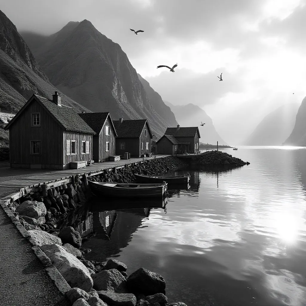 Black and White Nusfjord: Historic Fishing Village by the Sea