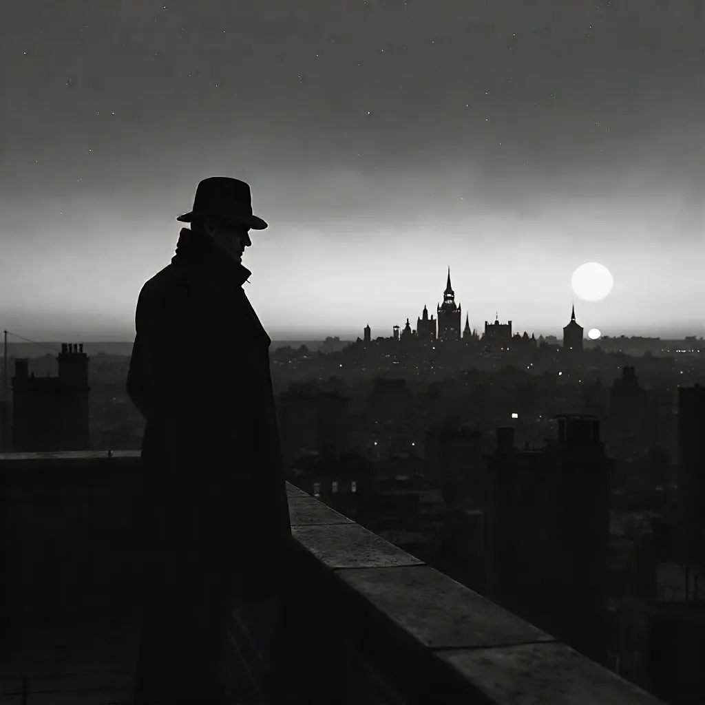 Twilight Rooftop Silhouette of a Man