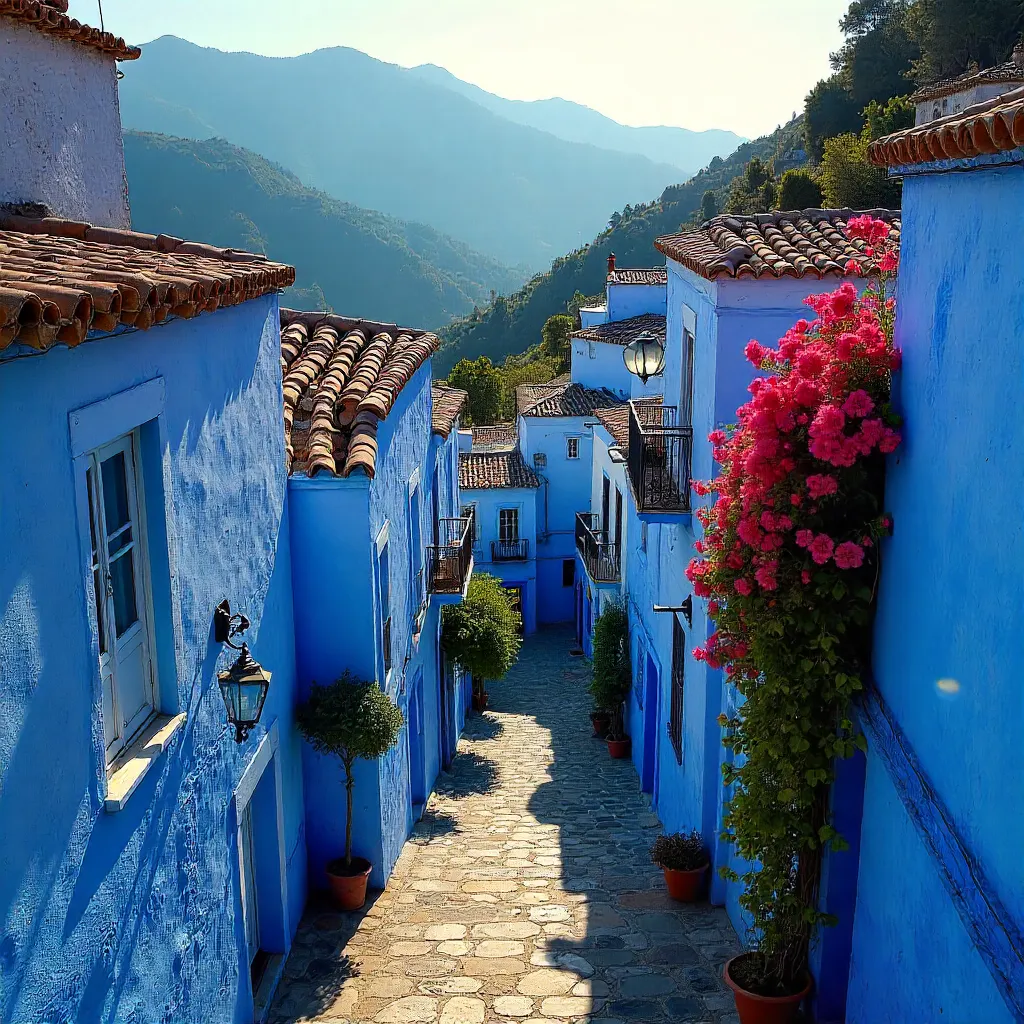 Blue-Washed Chefchaouen Against Lush Mountains