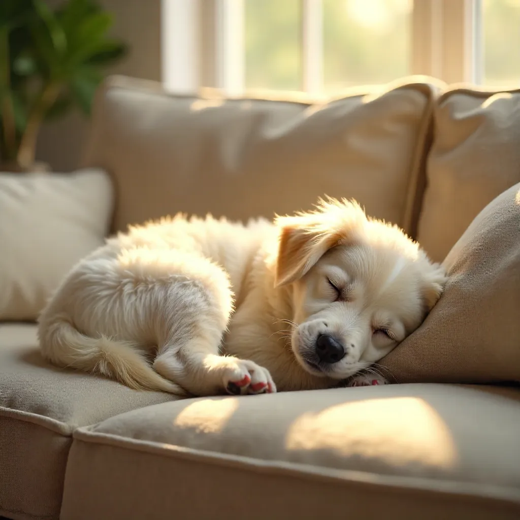Sunlit Fluffy Dog Sleeping on the Couch