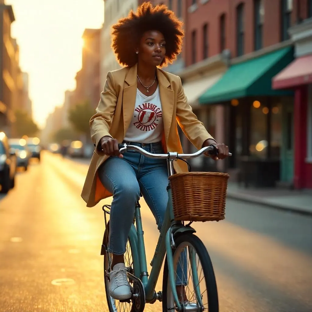 Stylish Black Girl on a Bicycle in Golden Hour City