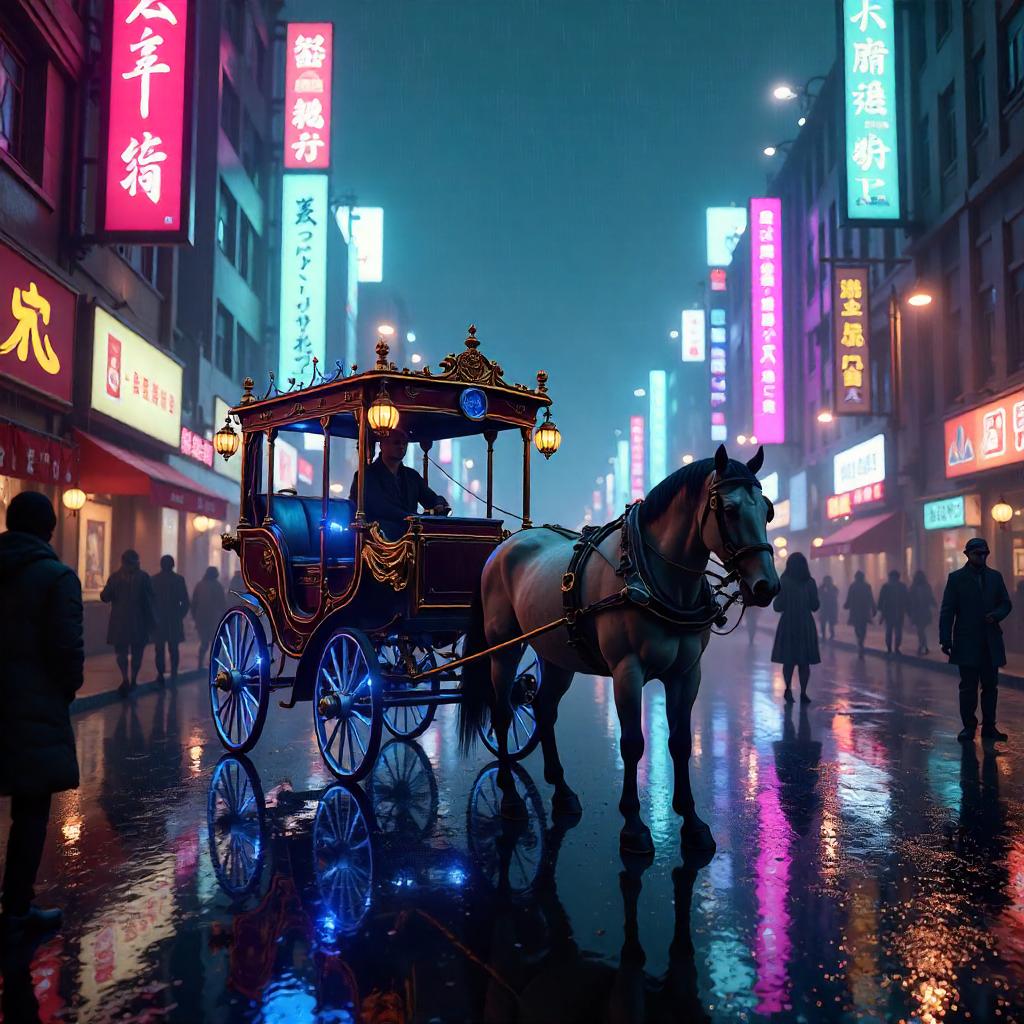 Photorealistic Cyberpunk Carriage in Neon City Rain